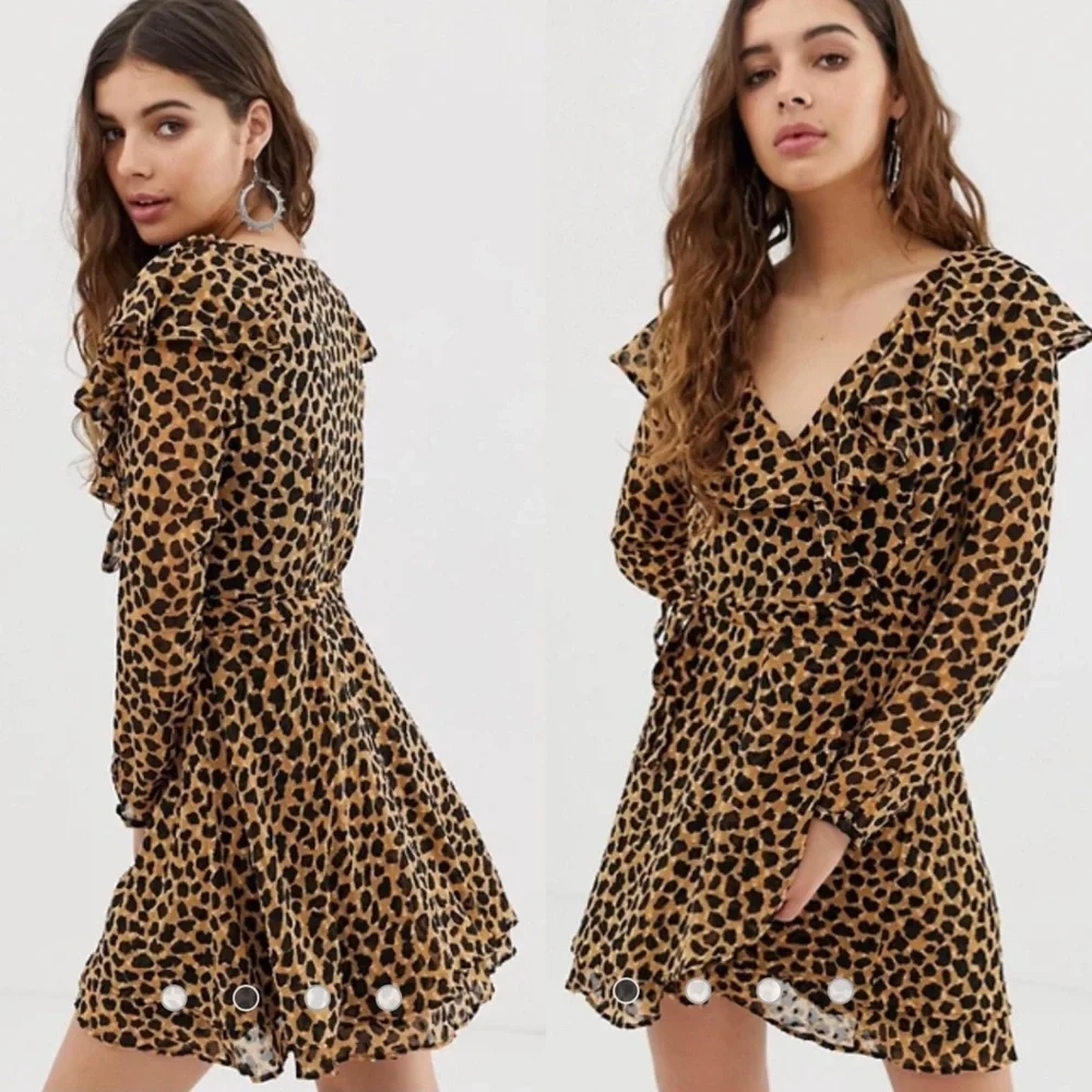 Free People Leopard Long Sleeve Boho Wrap Mini Dress w/ Ruffle V-Neck Collar